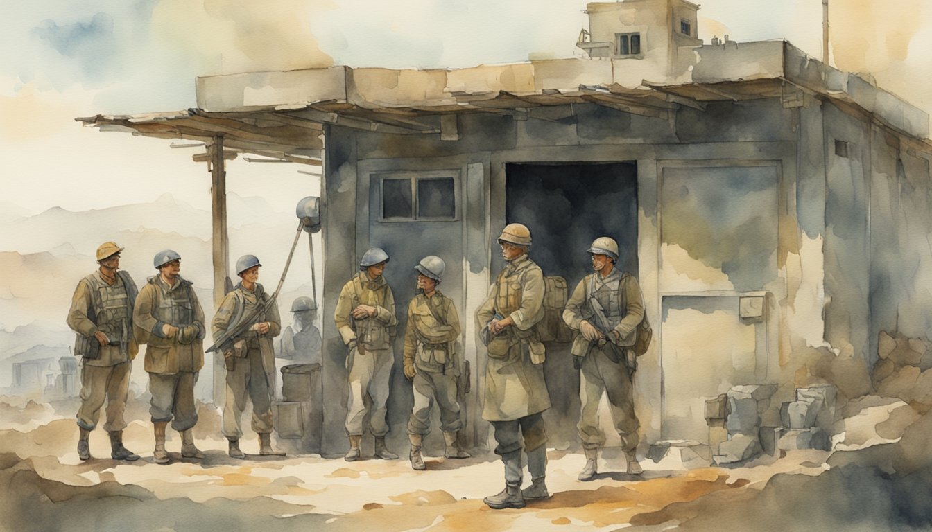 A group of people standing in front of a military outpost, with a mix of wariness and reliance in their expressions