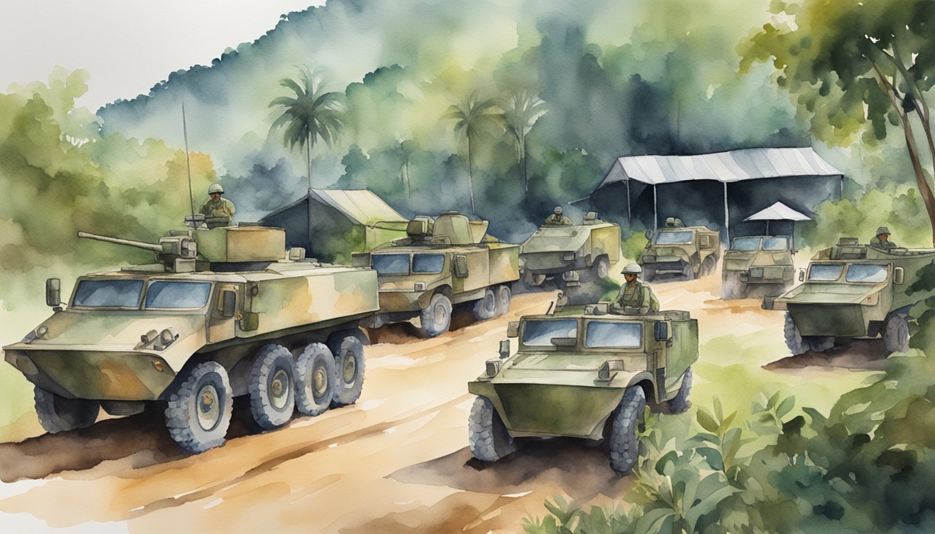 Military vehicles and equipment lined up in a training ground in Malaysia.</p><p>The landscape is rugged, with dense jungle in the background