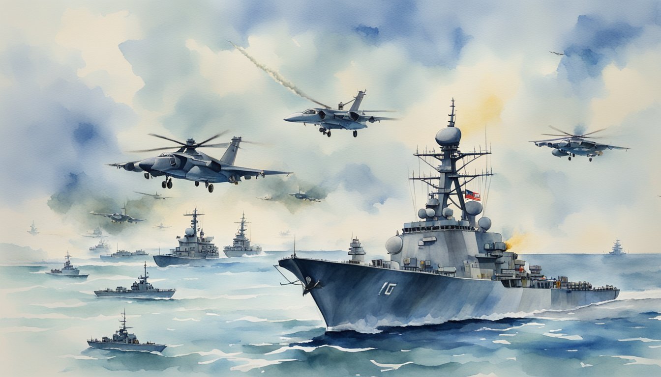 A fleet of warships maneuvers in Malaysian waters, while aircraft patrol the skies above.</p><p>The military presence demonstrates naval power and strategy