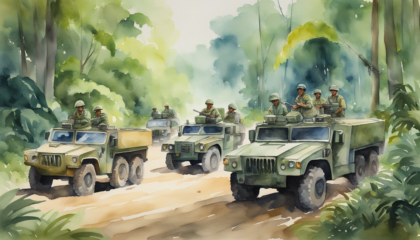 Military vehicles and personnel conducting joint exercises in Malaysia's tropical jungle