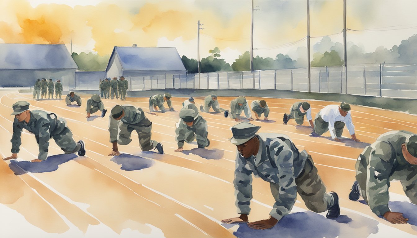 Soldiers perform push-ups, sit-ups, and a 2-mile run on a track.</p><p>Instructors observe and record their performance.</p><p>Equipment such as stopwatches and clipboards are present