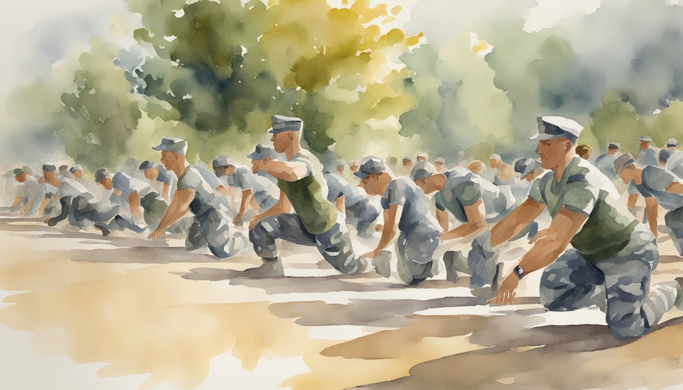 Soldiers performing various fitness tests: running, push-ups, sit-ups, and pull-ups.</p><p>Instructors providing guidance and encouragement