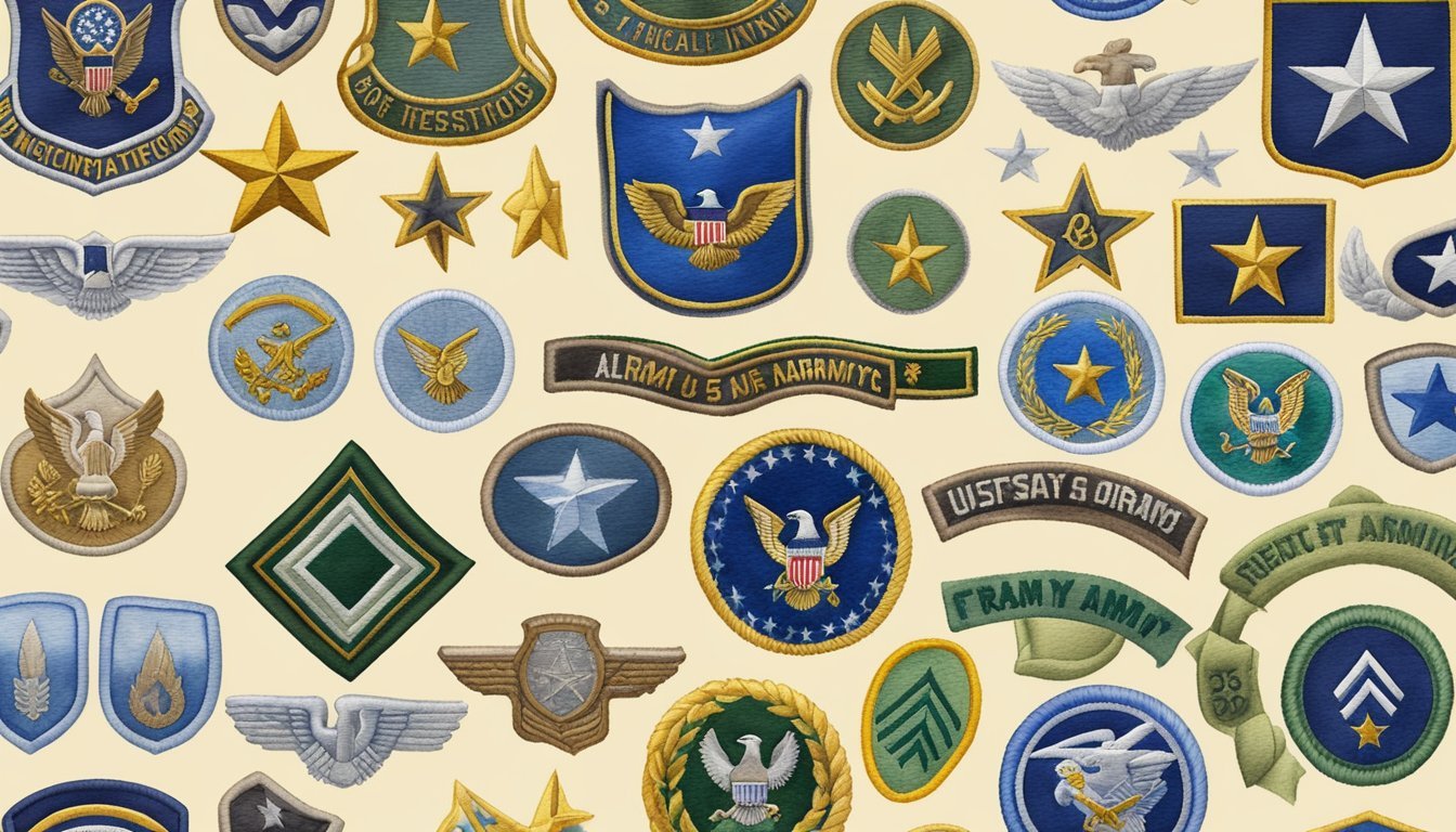 An array of US Army insignias and patches arranged by rank and job specialty