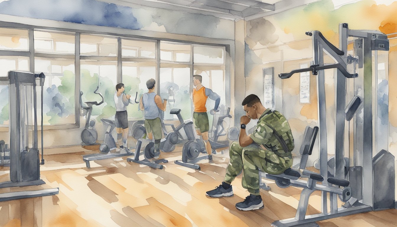 A soldier performs fitness tests in a gym with equipment and posters displaying workout routines