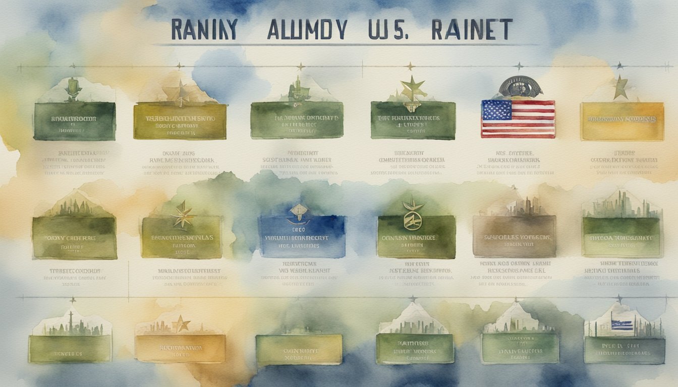 A group of US Army ranks and job titles are displayed on a chart, organized by hierarchy and specialty