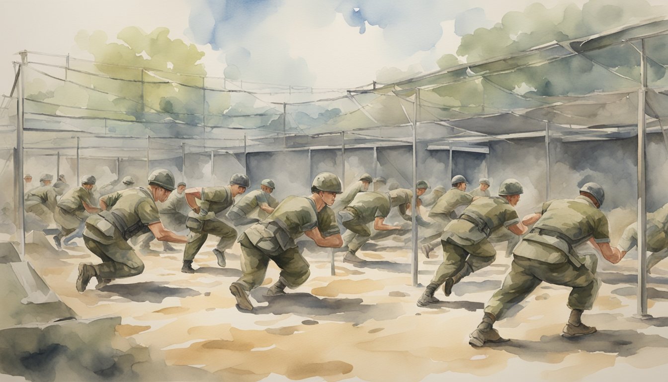 Soldiers perform intense physical training, including push-ups, pull-ups, and obstacle courses.</p><p>The training ground is filled with equipment and obstacles, with soldiers sweating and pushing themselves to the limit