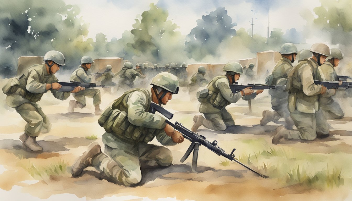 Soldiers in uniform practicing drills on a training field.</p><p>Weapons, equipment, and obstacles are strategically placed for realistic simulation