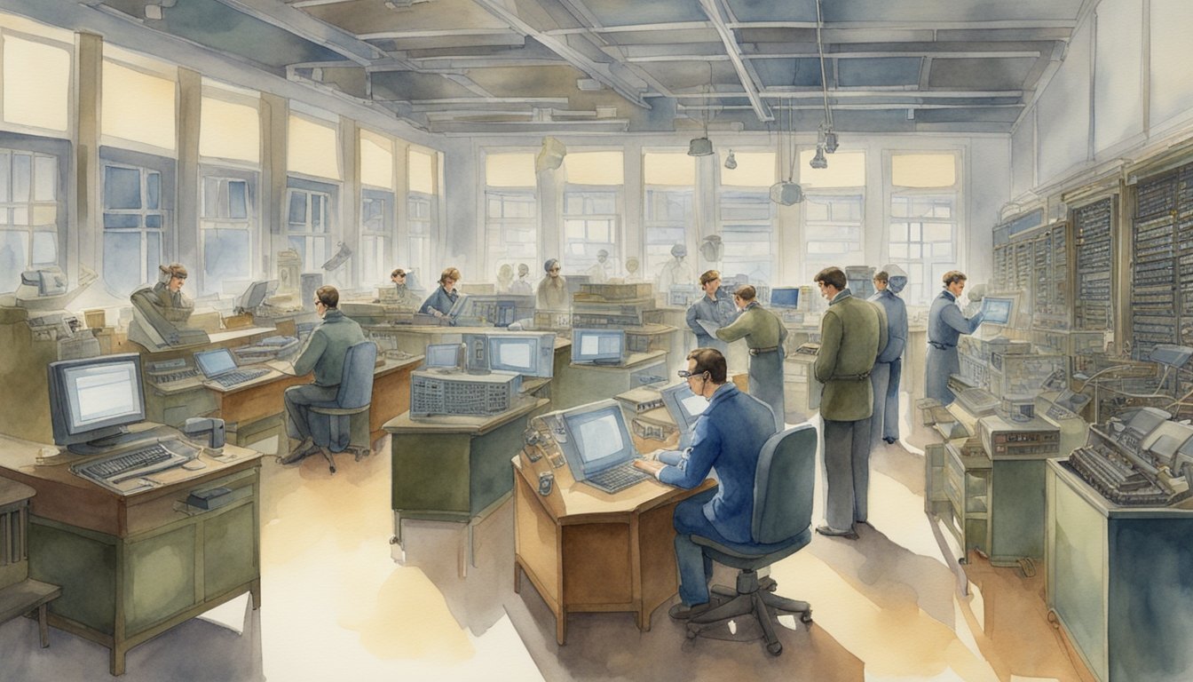 The birth of modern computing: a room filled with early computers and military equipment, surrounded by scientists and engineers working tirelessly