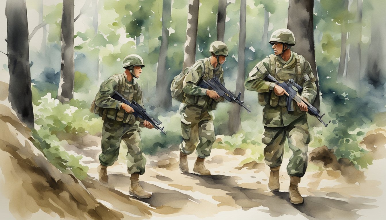 Soldiers in camouflage uniforms conduct rigorous training exercises in a wooded area, following a guidebook titled "Frequently Asked Questions US Army Training and Drills."