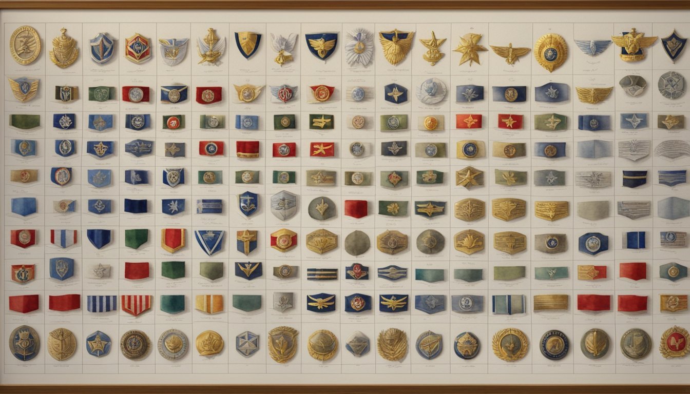 A row of military insignias and titles displayed on a wall chart