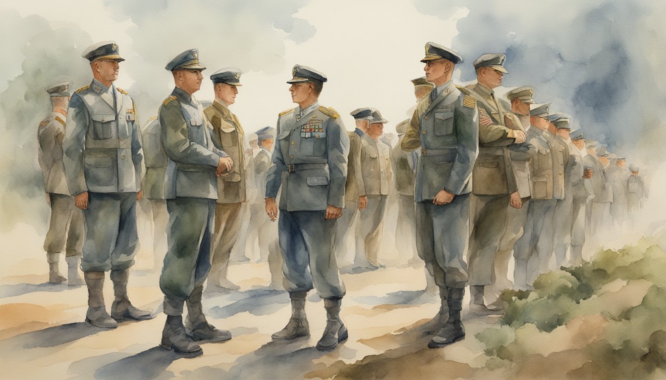 A group of military personnel in various uniforms and roles, representing different branches and ranks, stand together in formation