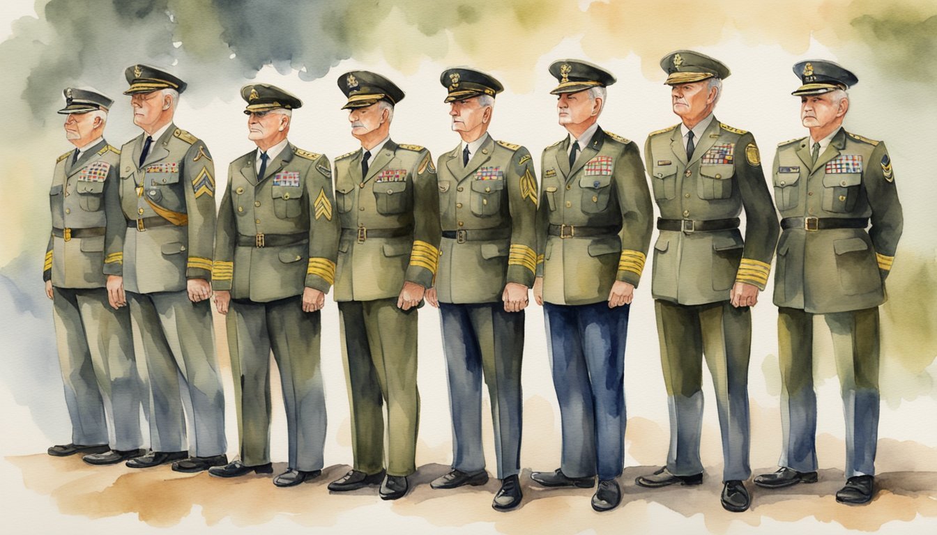 A group of senior enlisted service members stand in formation, displaying their various military ranks and insignias.</p><p>They exude confidence and leadership, ready to fulfill their roles and expectations within the military hierarchy