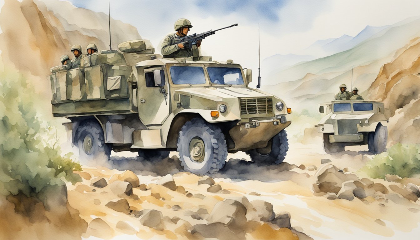 A military vehicle transporting supplies through rough terrain, with soldiers providing security