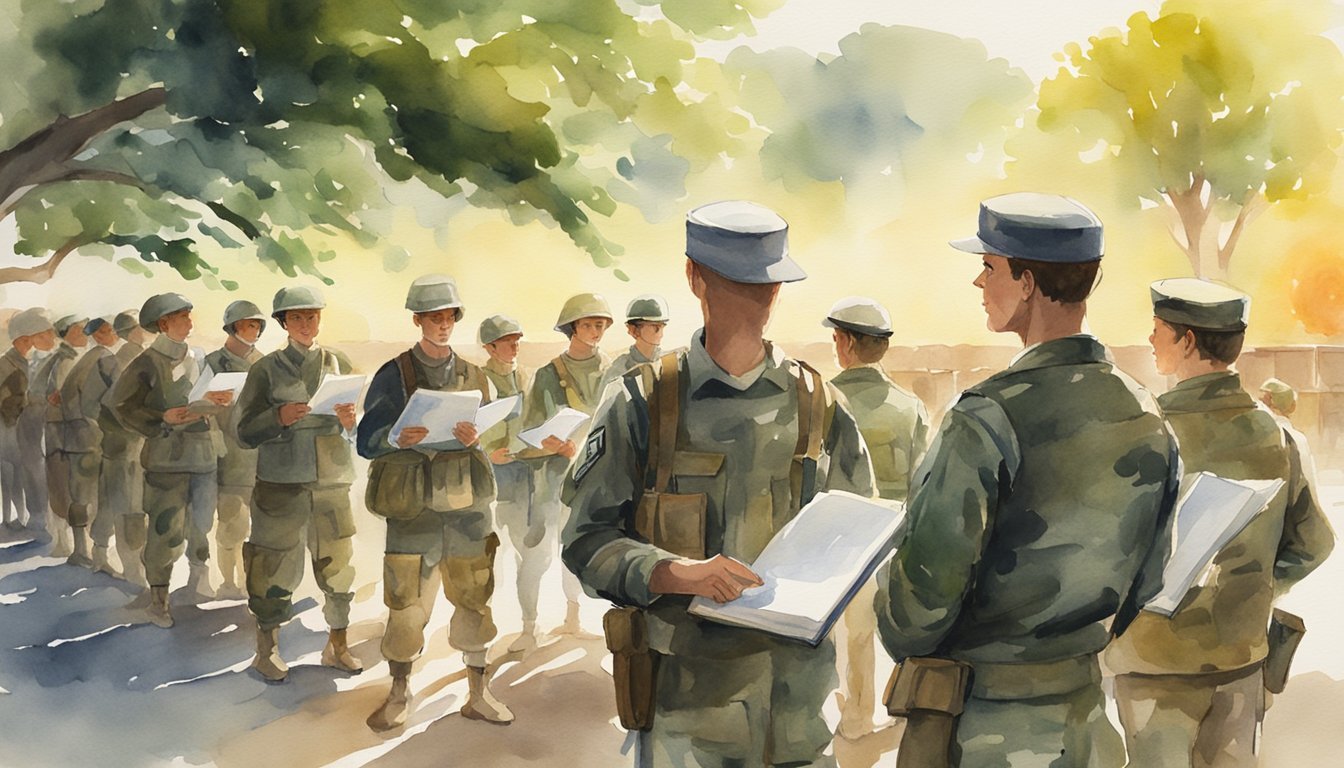 A group of soldiers stand in formation, listening to an instructor holding a soldier handbook.</p><p>The sun shines down on the training ground, as the soldiers prepare for their basic training