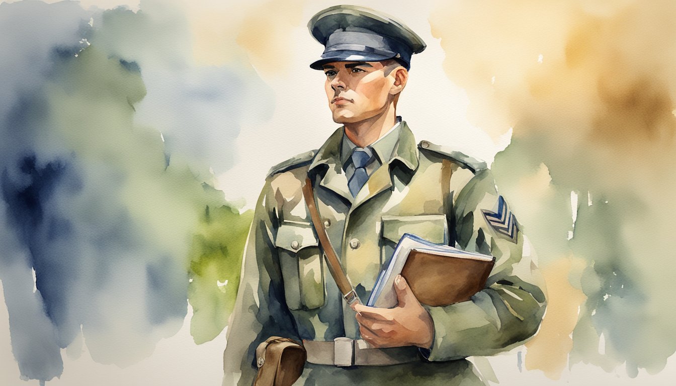 A soldier stands at attention, wearing a uniform and holding a handbook.</p><p>Their posture exudes confidence and readiness for any challenge