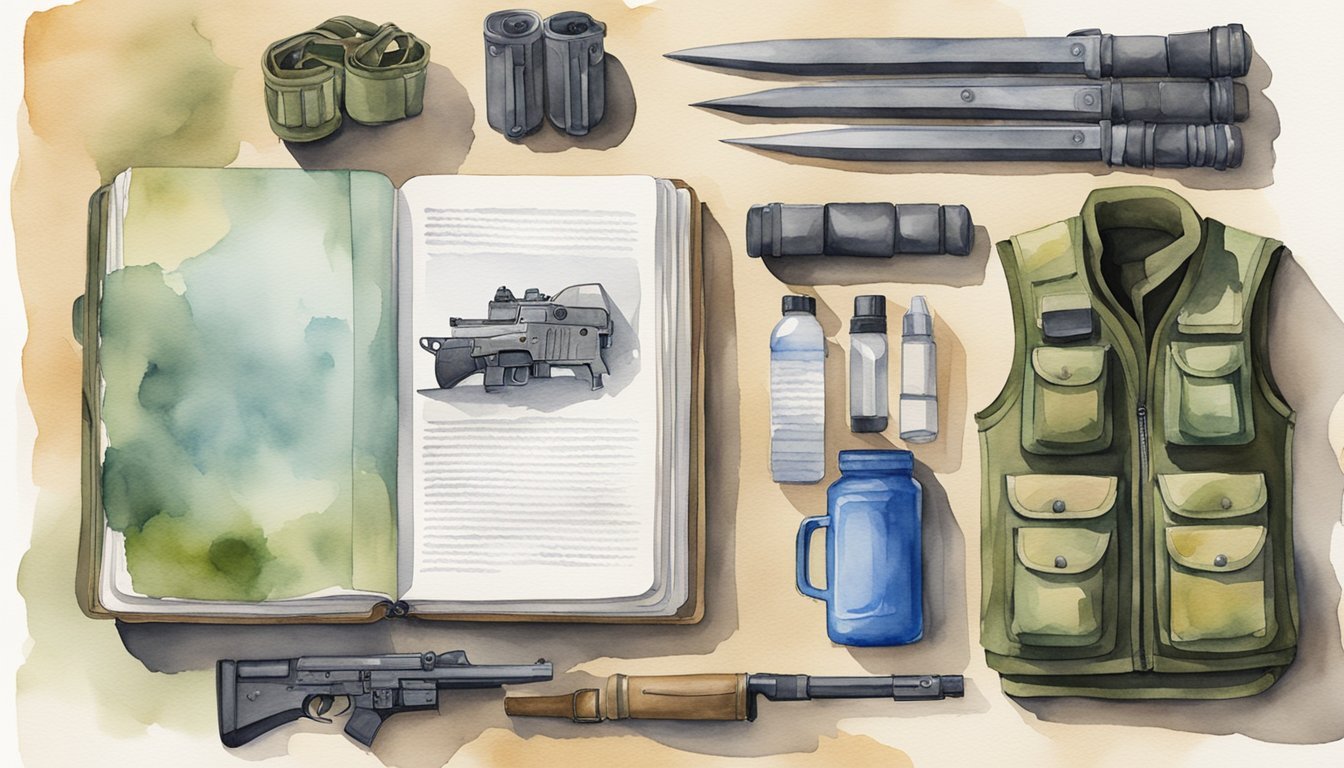 Soldier handbook open on a table, surrounded by tactical gear and weapons