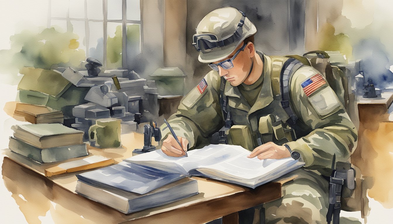 A soldier studying an advanced training handbook, surrounded by specialized equipment and tools