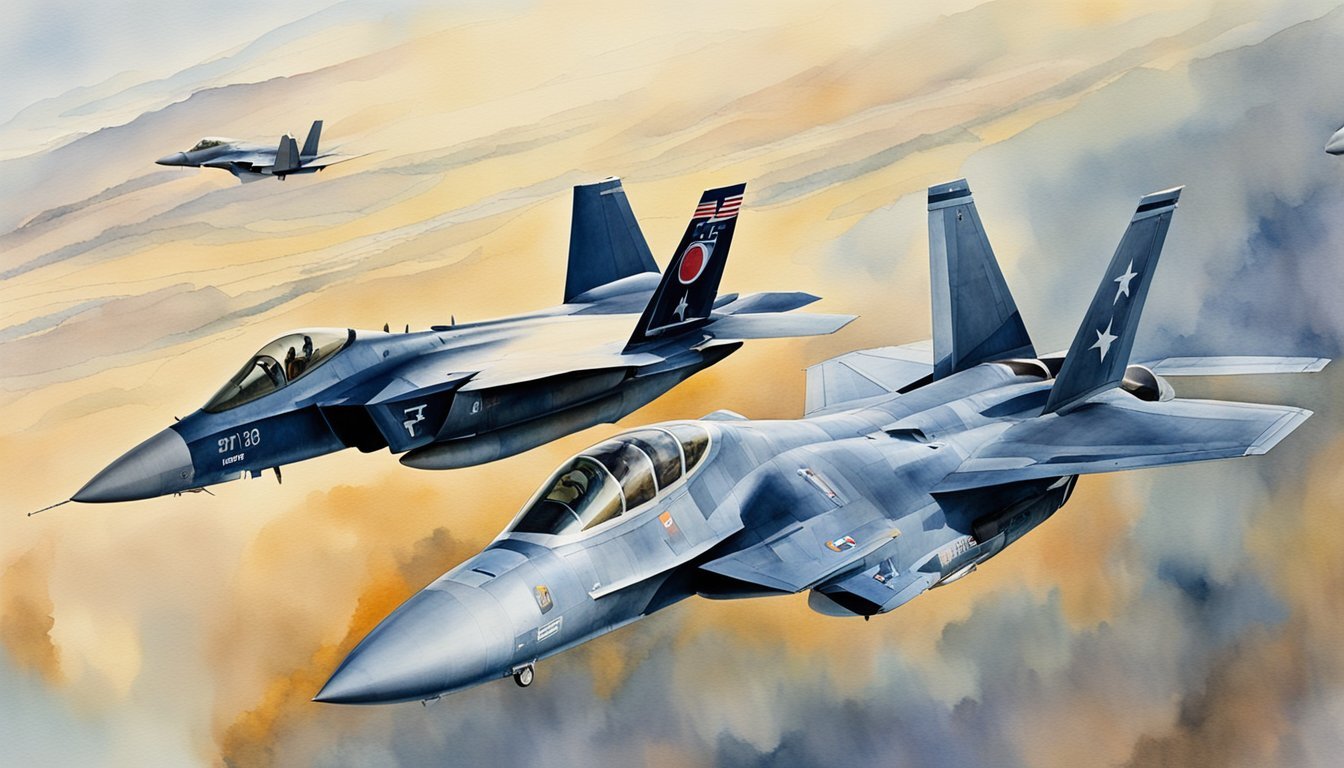 Two fighter jets, an F15 and an F35, fly in close proximity, with the F15 positioned slightly behind and to the left of the F35