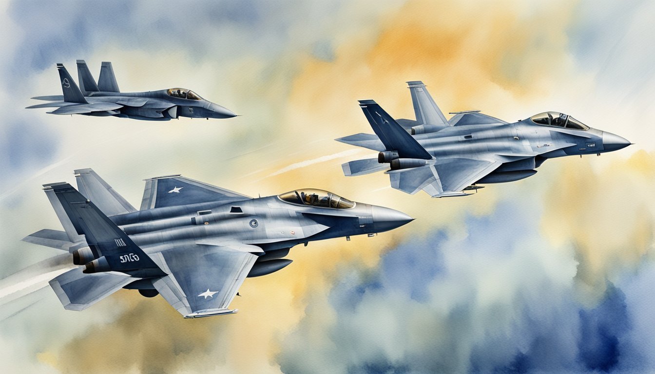 Two fighter jets, F15 and F35, in a high-speed aerial maneuver, demonstrating their operational performance