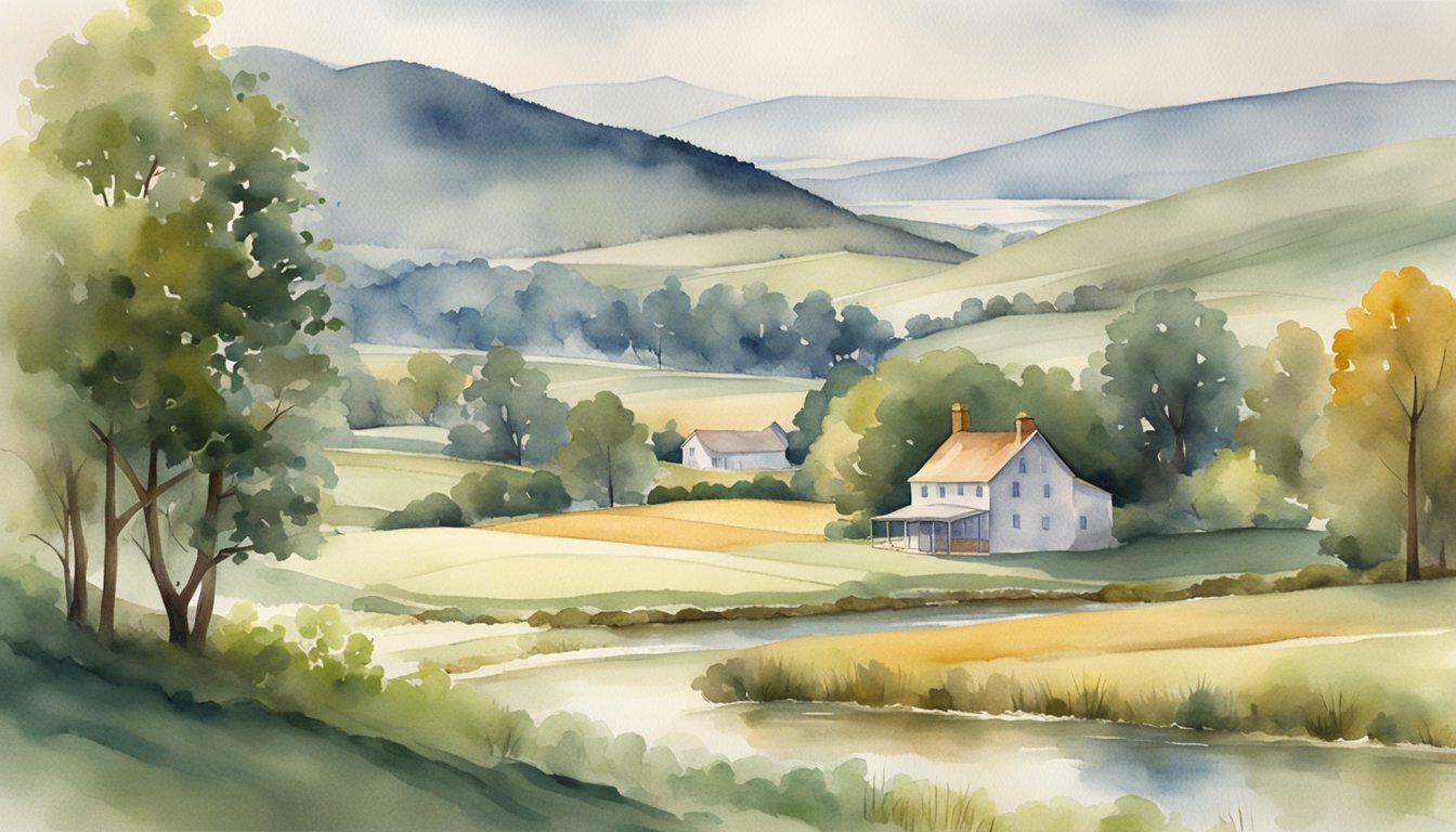 A serene countryside with rolling hills, a winding river, and a quaint farmhouse nestled among tall trees