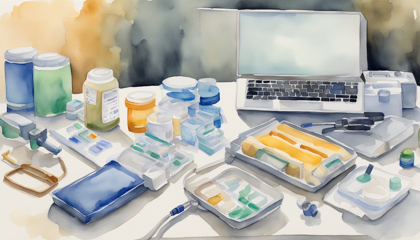 A table with medical supplies, including tourniquets, chest seals, and airway management devices.</p><p>A radio and laptop sit nearby