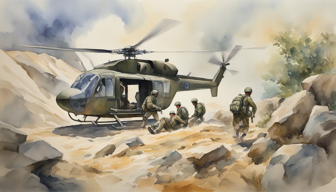 Soldiers carrying a wounded comrade on a stretcher through rugged terrain.</p><p>Helicopter landing nearby for evacuation.</p><p>Medical supplies and equipment scattered around