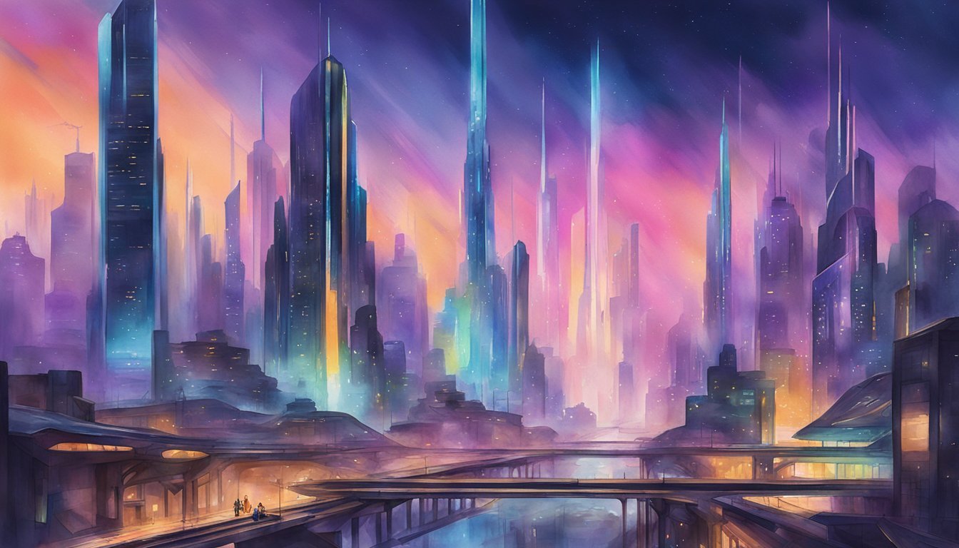 A futuristic cityscape with sleek, towering buildings and advanced transportation systems, illuminated by vibrant neon lights and surrounded by cutting-edge technology