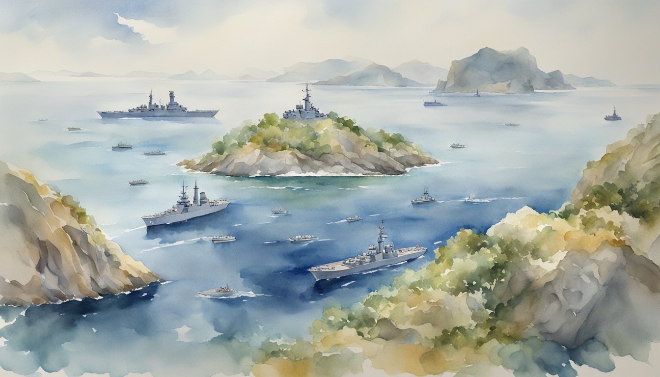 A fleet of warships maneuvers through narrow straits, navigating around rocky islands and shallow waters, while keeping an eye on the coastline for potential threats