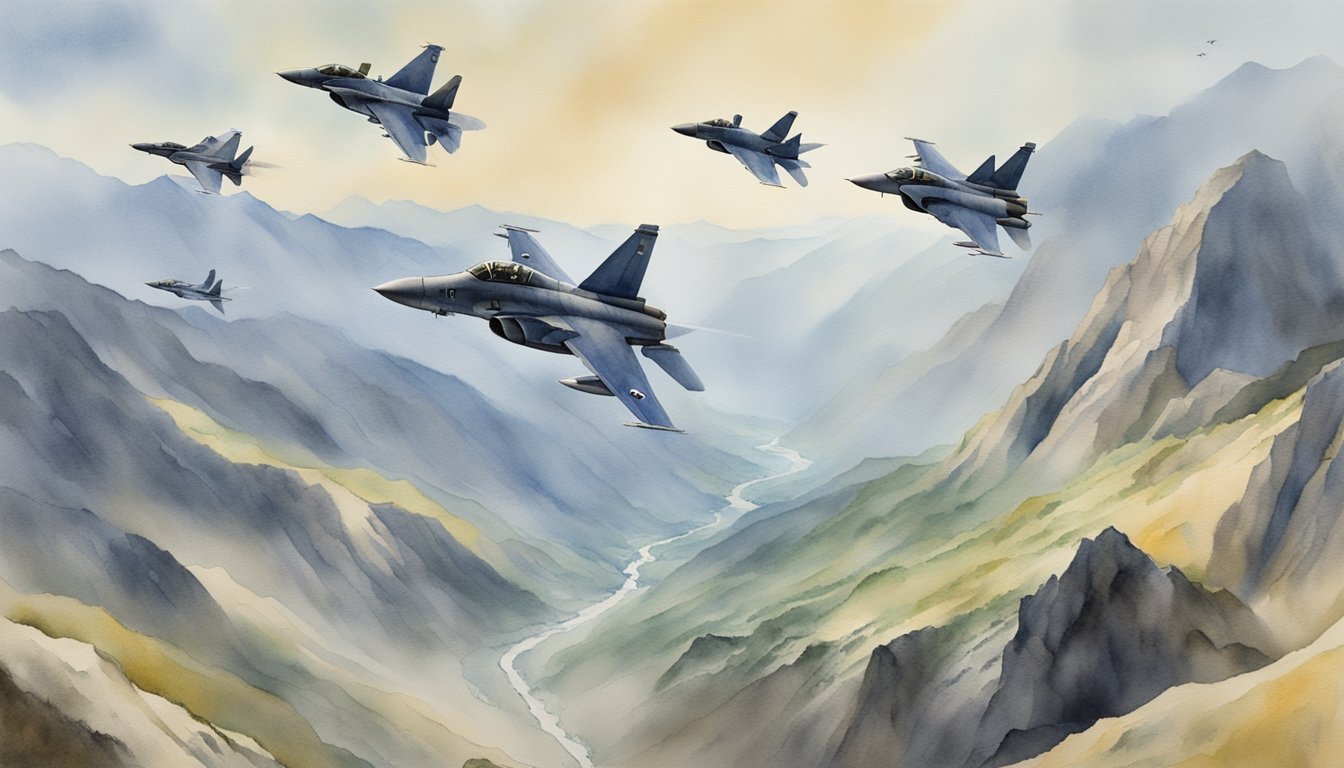 A squadron of fighter jets soar over rugged mountains and deep valleys, navigating through the challenging terrain of the battlefield