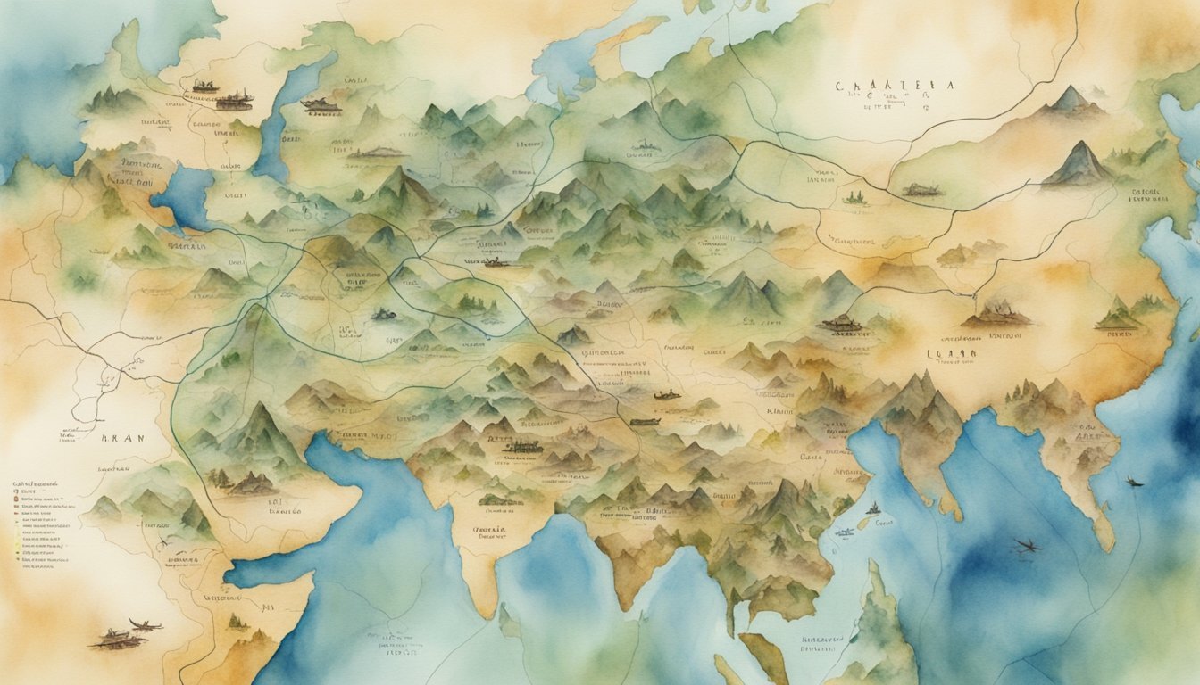 A map of varied terrains with military symbols and strategic routes