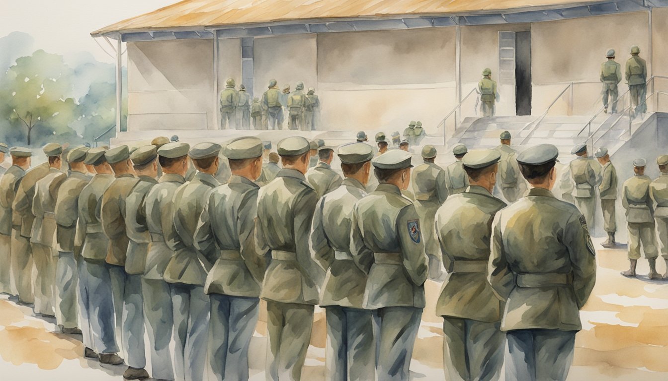 Soldiers stand in formation, ready for duty.</p><p>A list of required vaccinations is posted on a wall near the basic training area