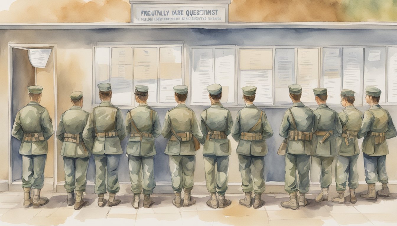 Soldiers line up, holding forms, at a military vaccination station during basic training.</p><p>A sign reads "Frequently Asked Questions: Military Vaccine List."