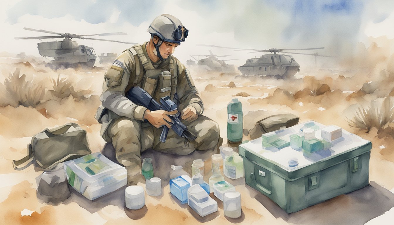 A combat medic specialist 68W administers first aid in a battlefield setting, surrounded by medical supplies and equipment