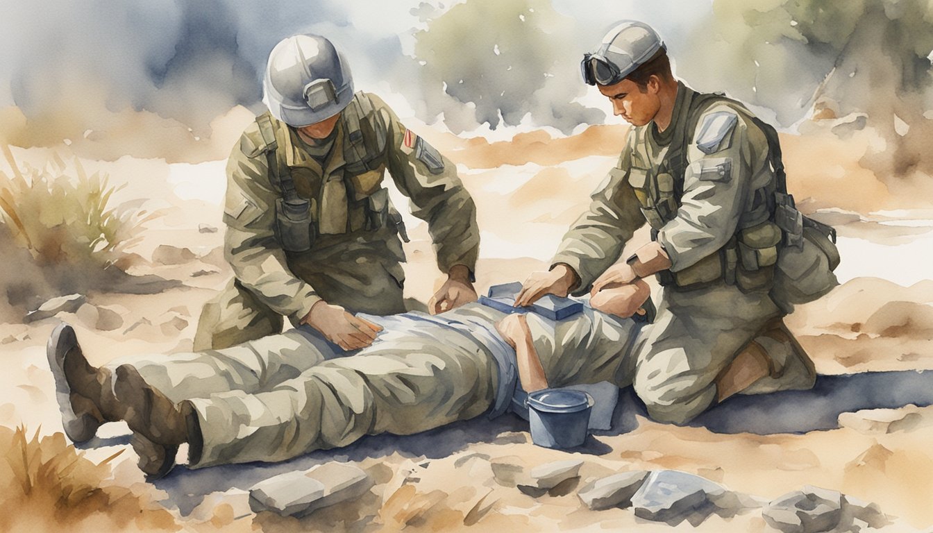 A combat medic specialist administers first aid in a battlefield setting