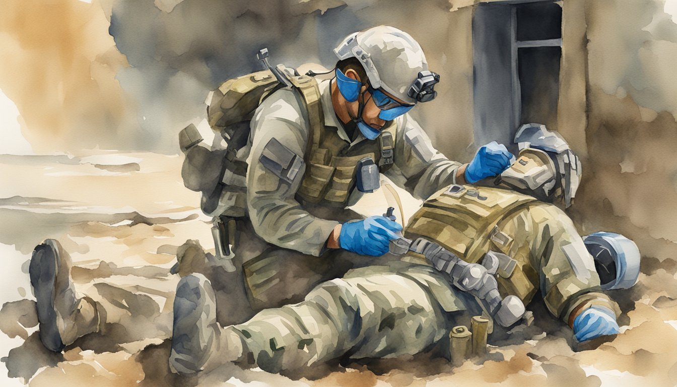 A combat medic specialist 68W administers medical care under intense physical and psychological demands in a rugged, high-stress environment