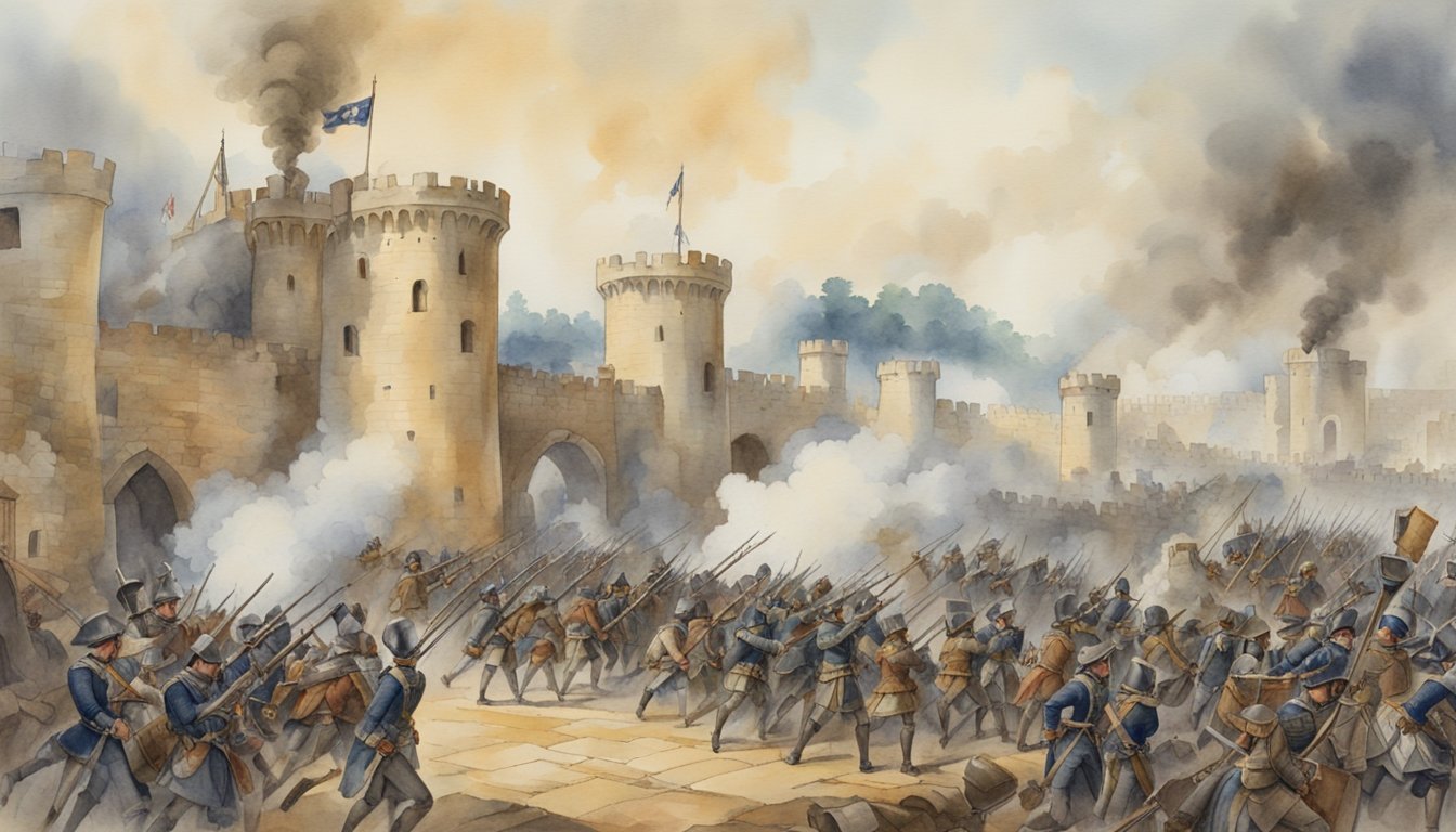 Fairfax's forces besiege a fortified royalist stronghold, cannons firing, soldiers storming the walls, and smoke billowing from the battle-scarred fortress