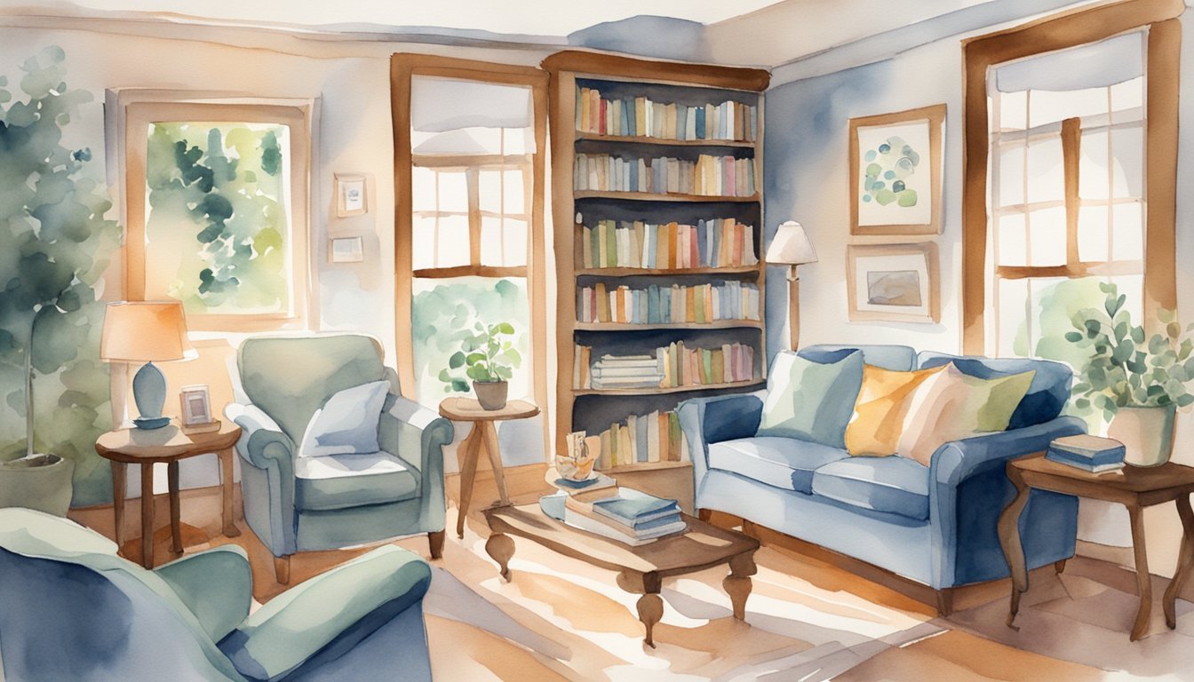 A cozy living room with two armchairs facing each other, a bookshelf filled with personal mementos, and a framed photo of a smiling couple