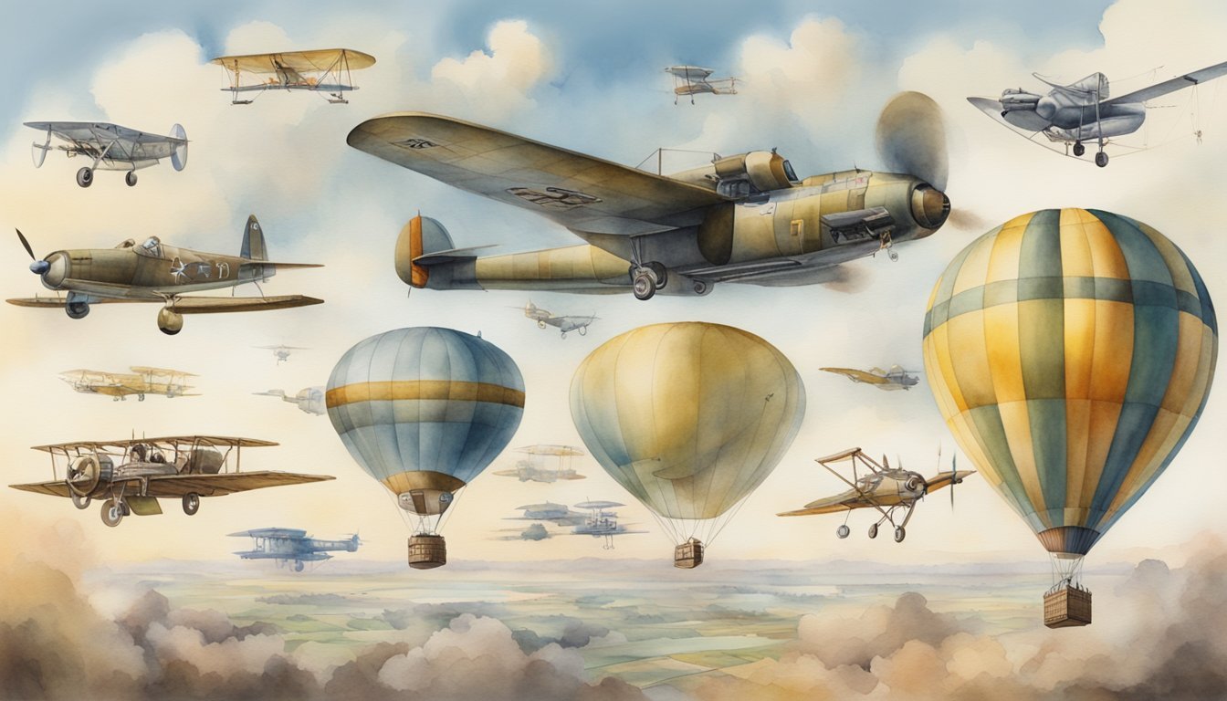 A historical timeline of air power, from early balloons to modern drones, displayed with various aircraft and technological advancements