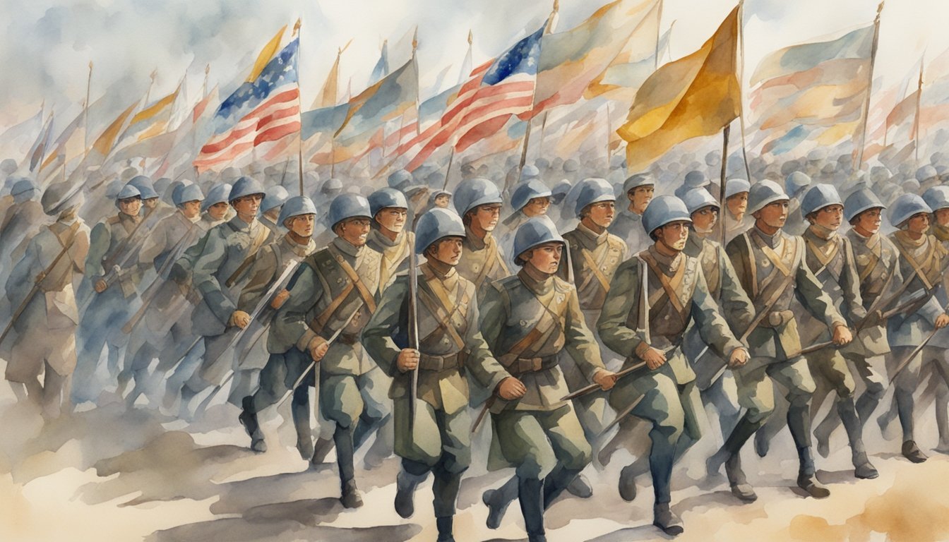 An army of soldiers marching in formation, with flags waving and weapons raised, ready for battle