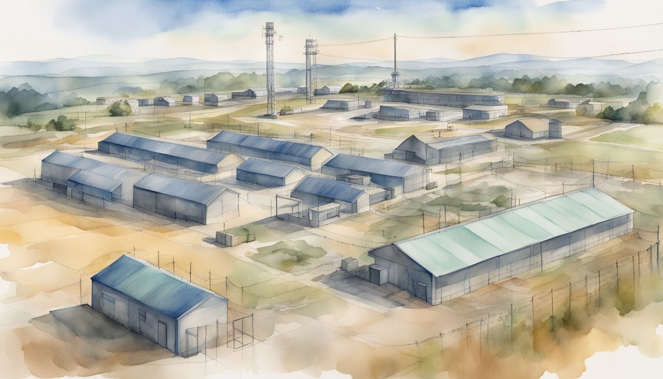 A military base with AIT program buildings and training grounds, surrounded by barbed wire fences and guard towers