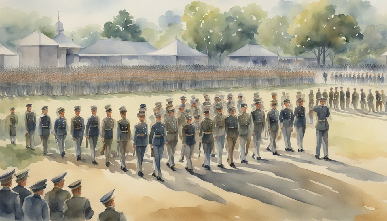 Soldiers training in formation, marching on a parade ground, with drill sergeants overseeing and instructing