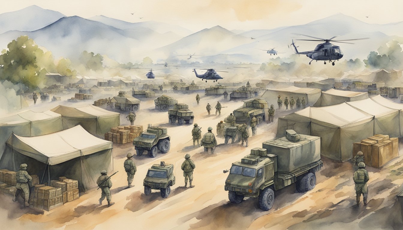 An army of soldiers standing in formation, surrounded by tents, weapons, and supply crates.</p><p>A helicopter hovers overhead, while trucks and tanks line the perimeter