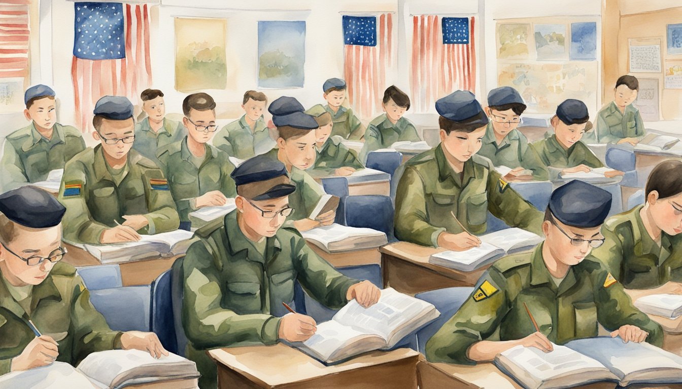 Soldiers studying books and attending lectures on army values.</p><p>Flags and posters with words like "honor" and "integrity" decorate the classroom