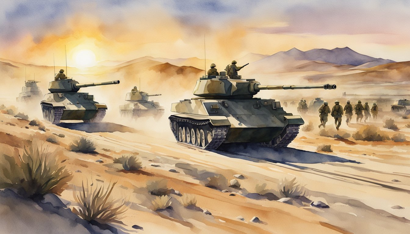 A line of tanks advances across a desert landscape, with soldiers in camouflage uniforms marching alongside.</p><p>The sun sets behind them, casting long shadows