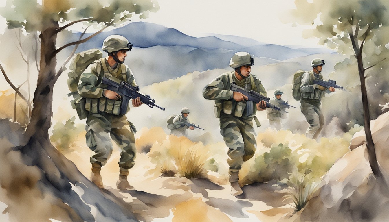 Soldiers in camouflage uniforms conduct tactical maneuvers and marksmanship training on a rugged terrain