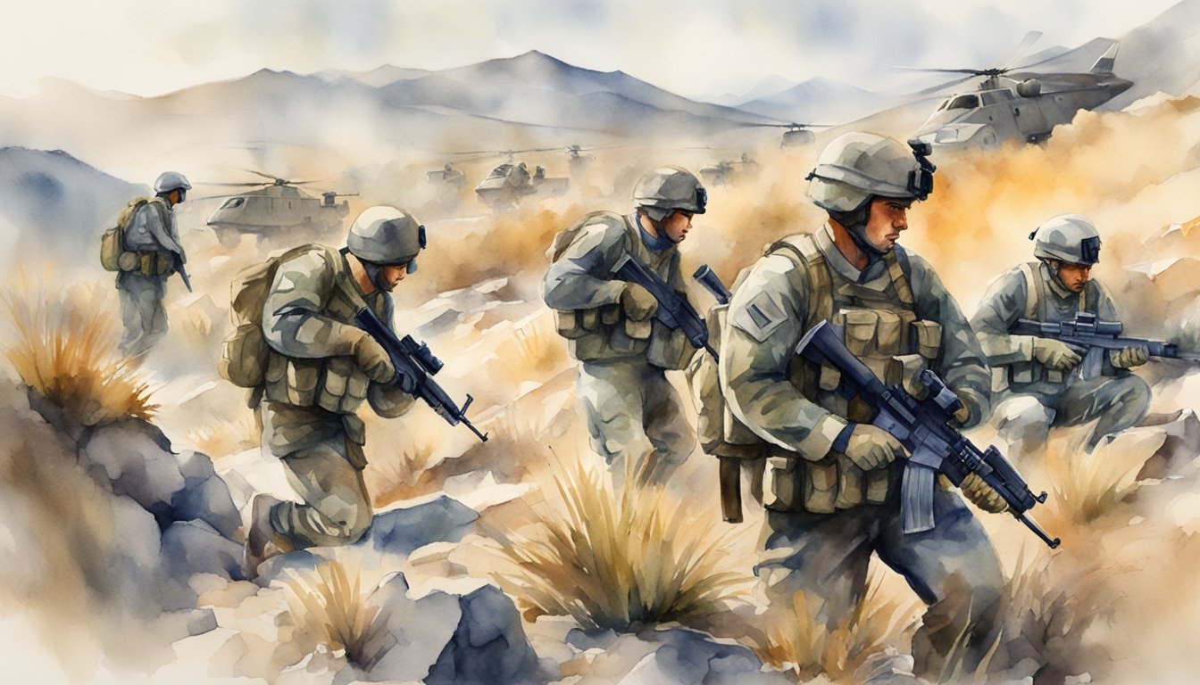 A group of soldiers conducting tactical operations in a rugged terrain, using communication devices and weaponry