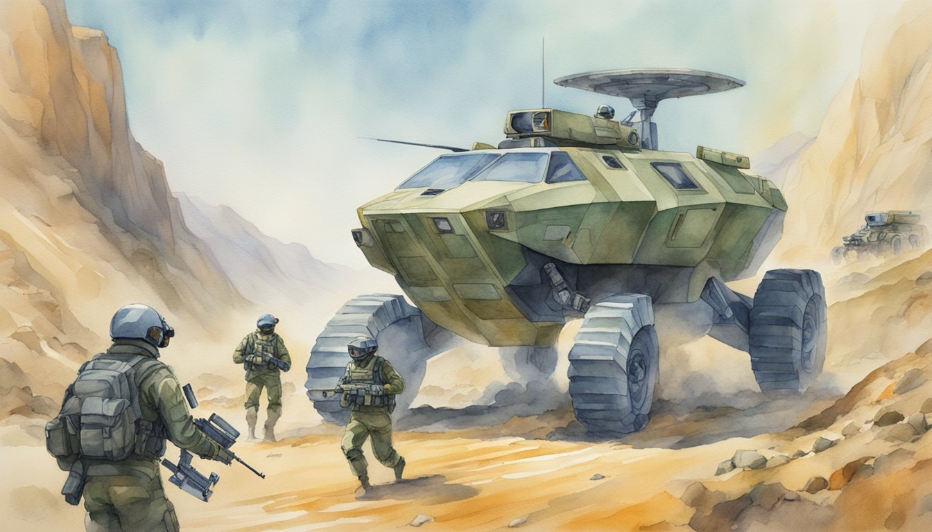 A futuristic military vehicle hovers above a rugged terrain, while soldiers in advanced exoskeleton suits conduct a high-tech weapons demonstration