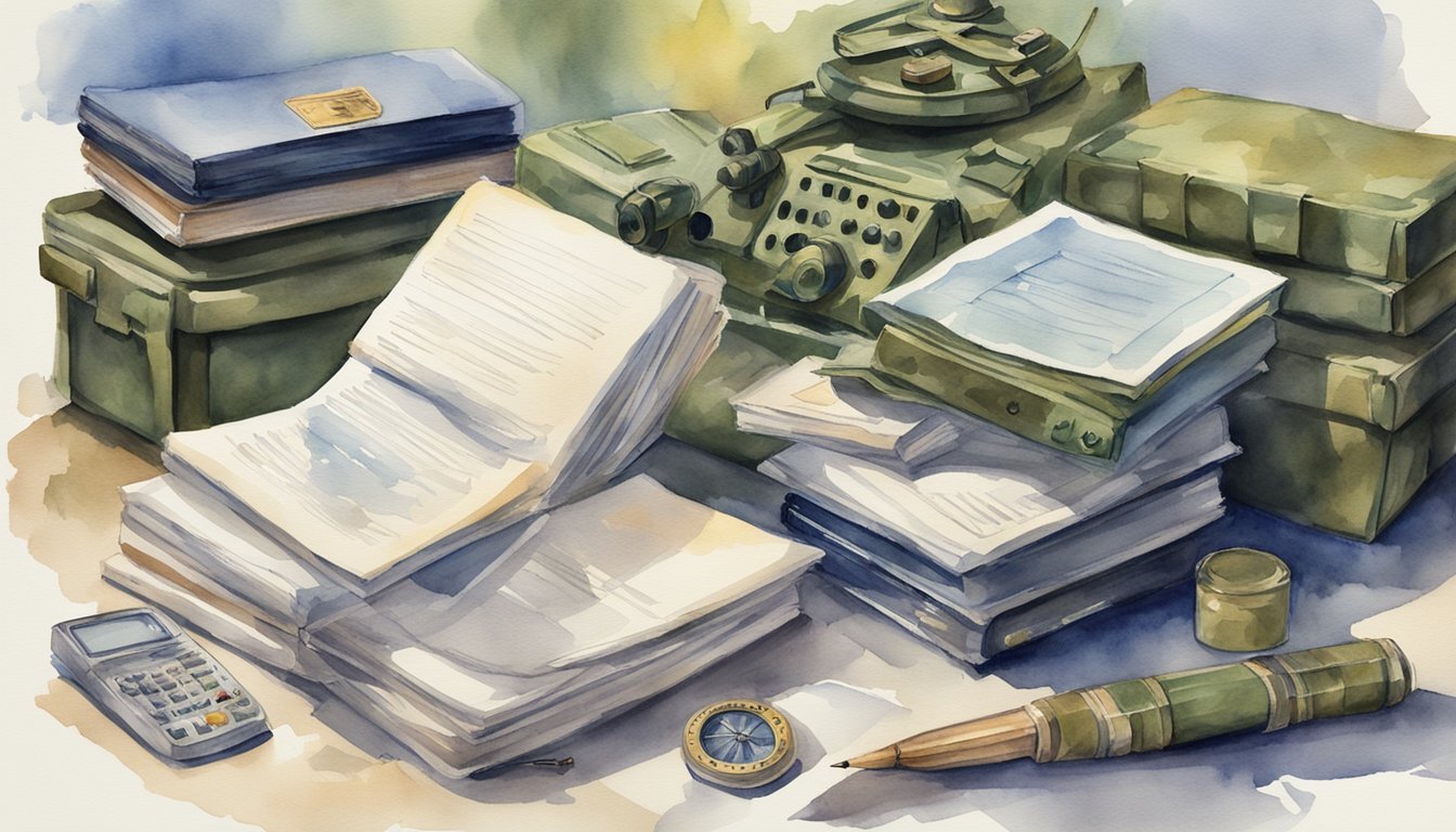 A stack of military manuals, with a "Frequently Asked Questions" guide on top, surrounded by various military equipment and symbols