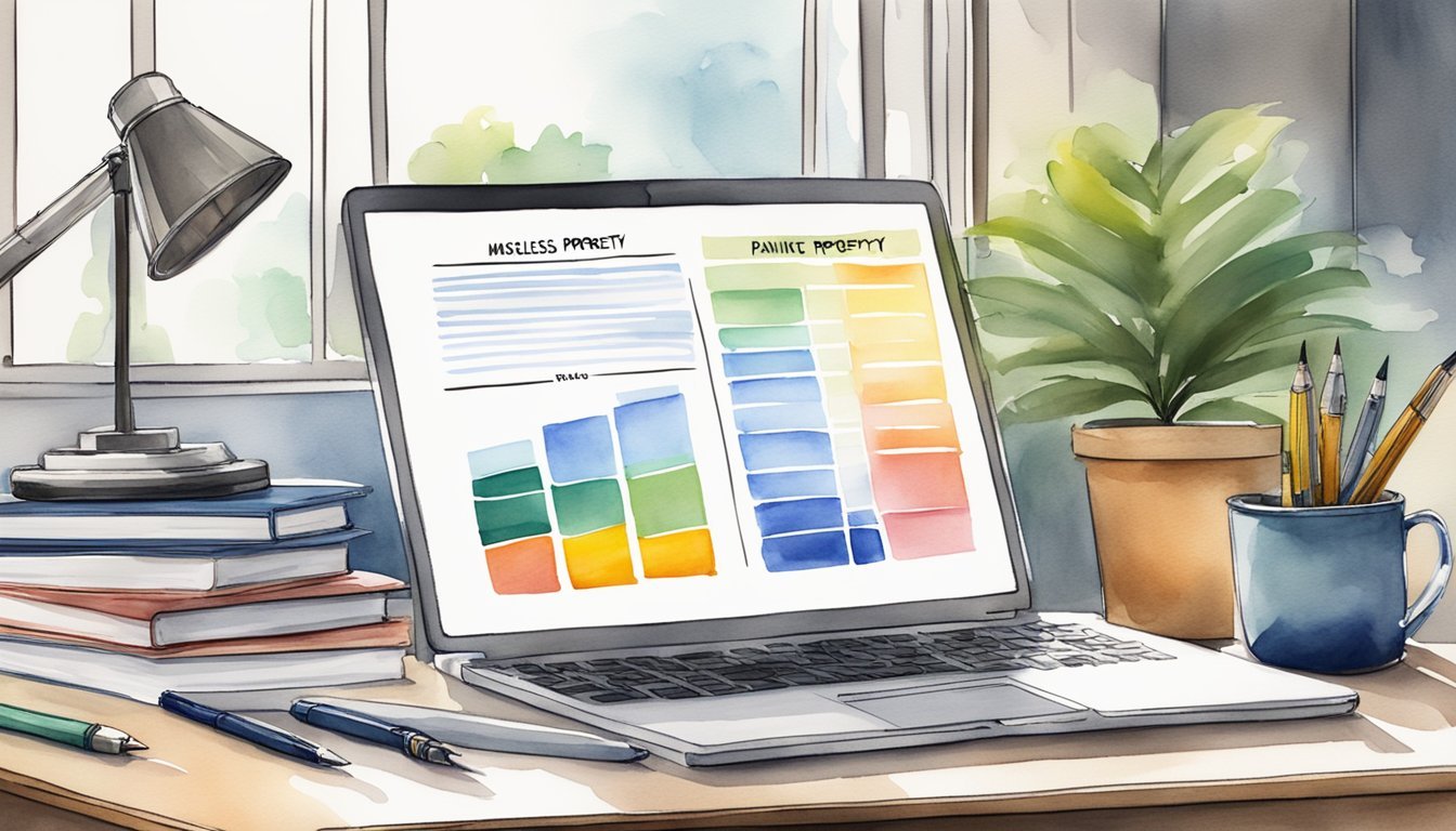 A modern office desk with a laptop, notebook, and pen.</p><p>A stack of real estate investment books with the title "Painless Property Inspections" prominently displayed.</p><p>A framed chart showing 12 tips for massive returns