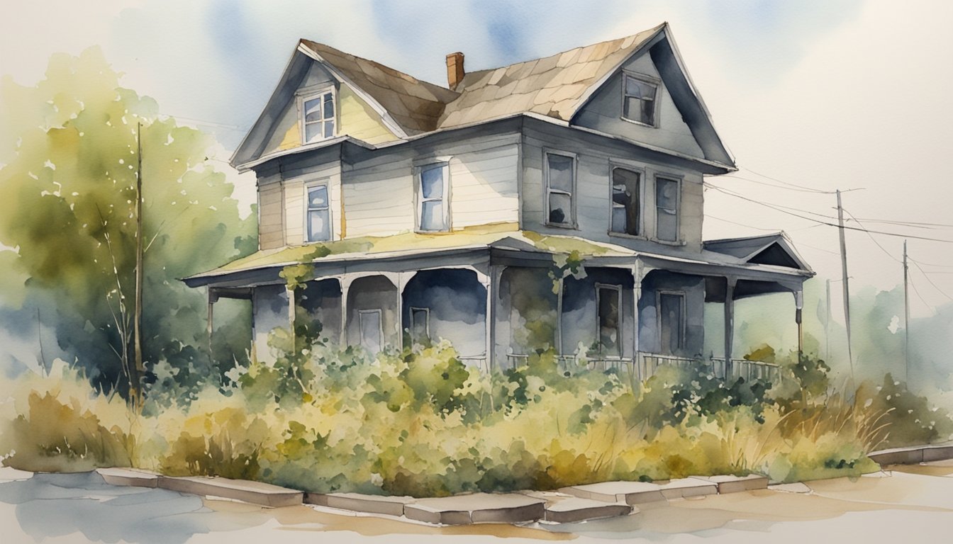 A dilapidated house sits on a neglected street.</p><p>Overgrown weeds and peeling paint mar its exterior.</p><p>Nearby, a group of investors huddle, discussing potential strategies for renovation and resale